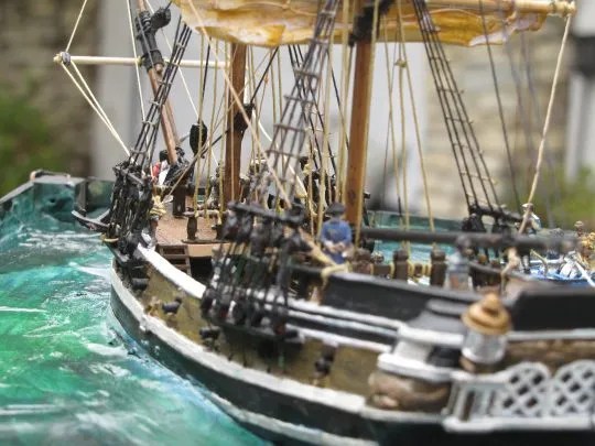 A close-up view of the port quarter of the finished Black Falcon model.
