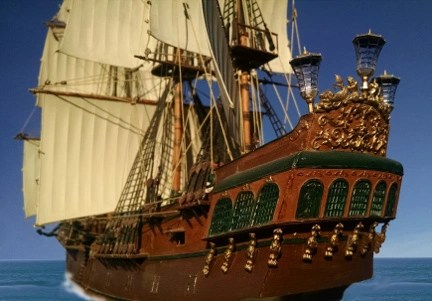 A photograph of the Zvezda Black Swan 1/72 scale model ship kit sailing a PhotoShopped sea.