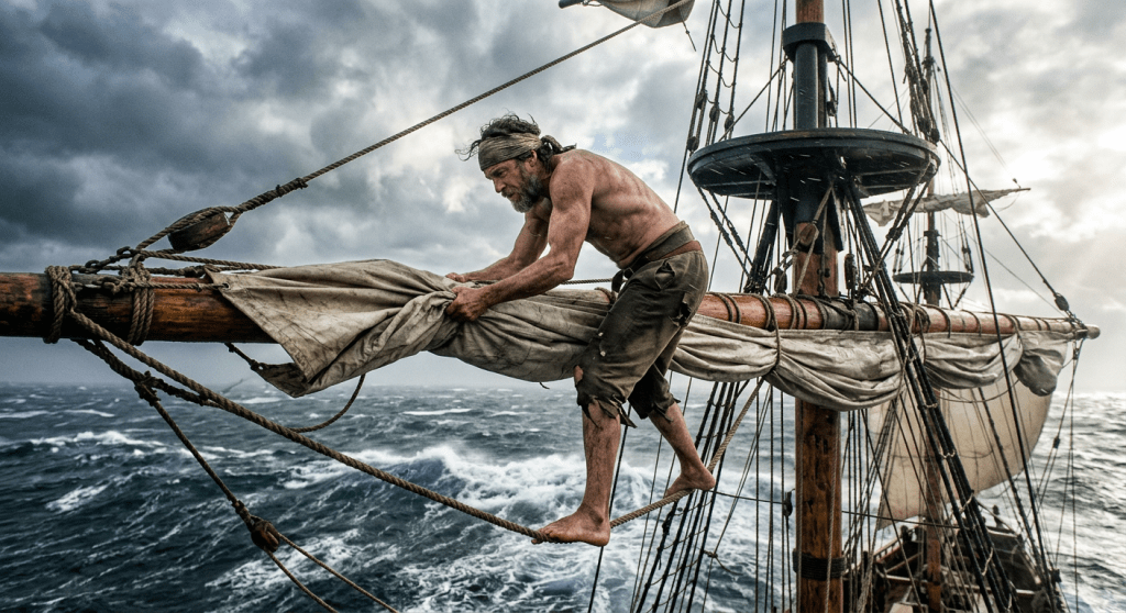 A Firefly-generated image of a sailor hauling in sail during a storm