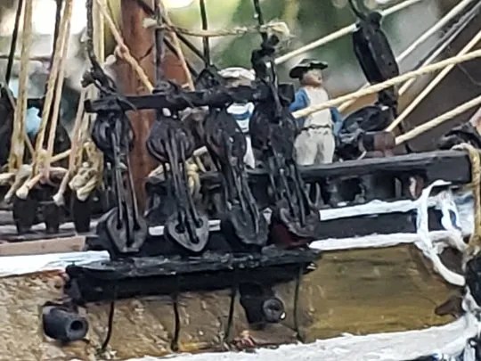 A closeup of the portside foremast channel on the heavily modified Aurora Black Falcon model sailing ship.