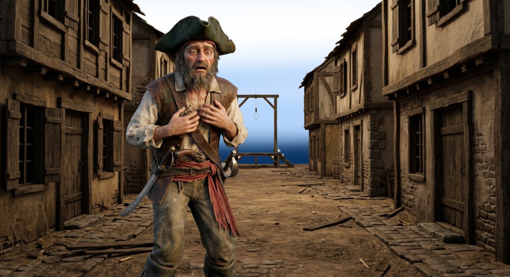 a 3D image of a pirate looking horrified at the prospect of hanging on the gibbet at the end of the street.