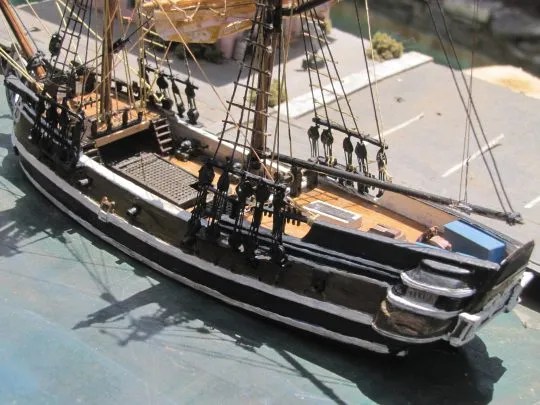 A shot over the port quarter of the Aurora Black Falcon showing popsicle-stick decks.