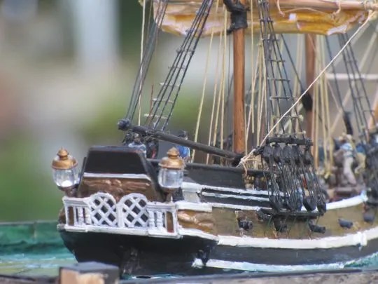 A view of the starboard quarter of the heavily modified Aurora Black Falcon, showing the Lego stern windows.