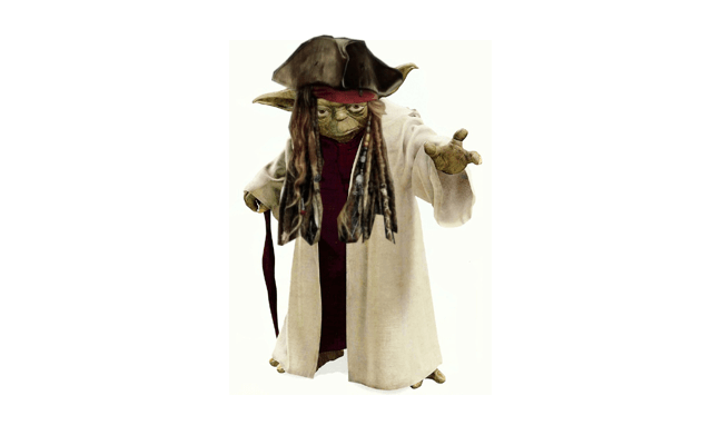 An image of Yoda wearing a Captain Jack Sparrow hat and wig.